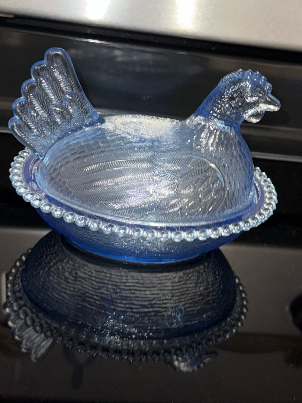 Vintage 7” Hen On Nest Cornflower Blue Indiana Glass Covered Chicken Candy Dish